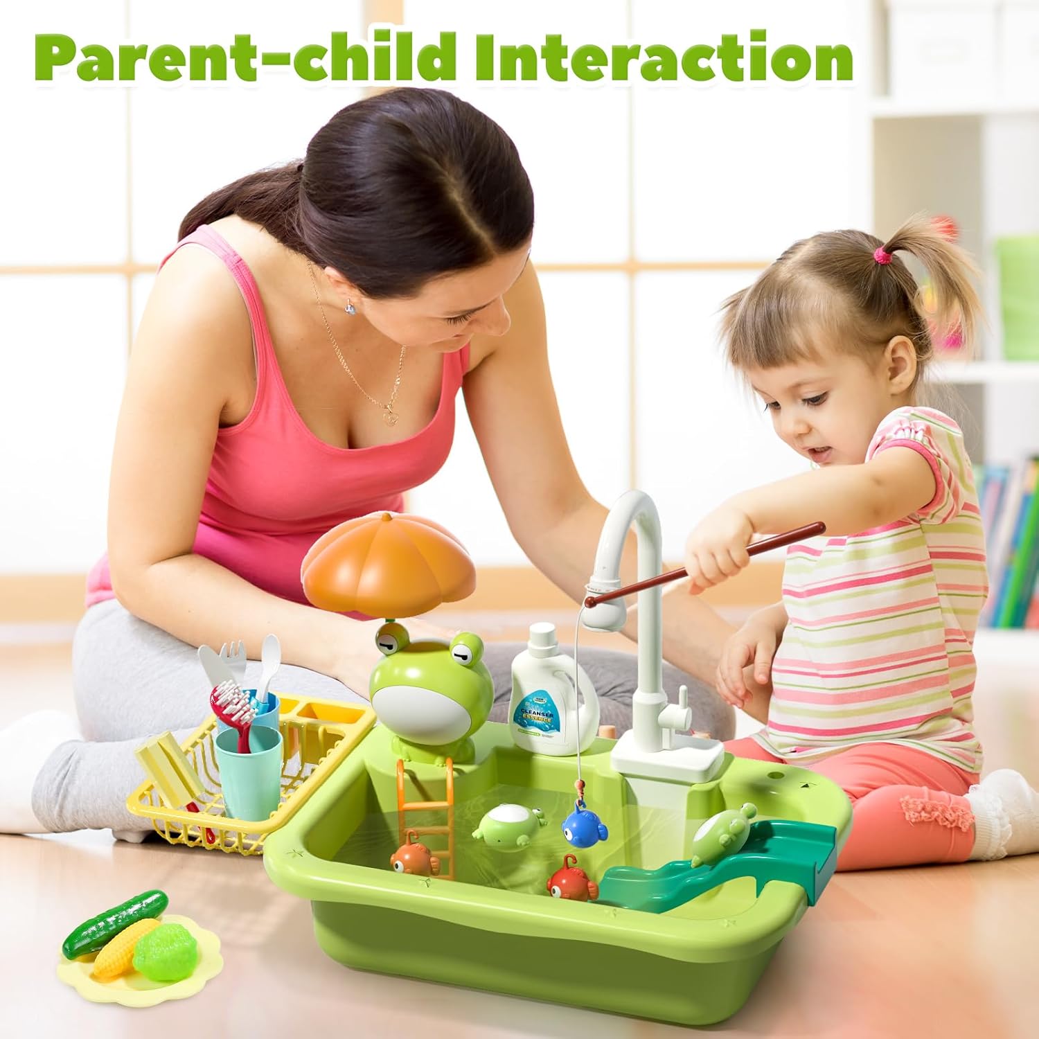 CUTE STONE Play Sink with Running Water, Kitchen Sink Toys with Upgraded Electric Faucet, Play Kitchen Toy Accessories, Pool Floating Fishing Toys