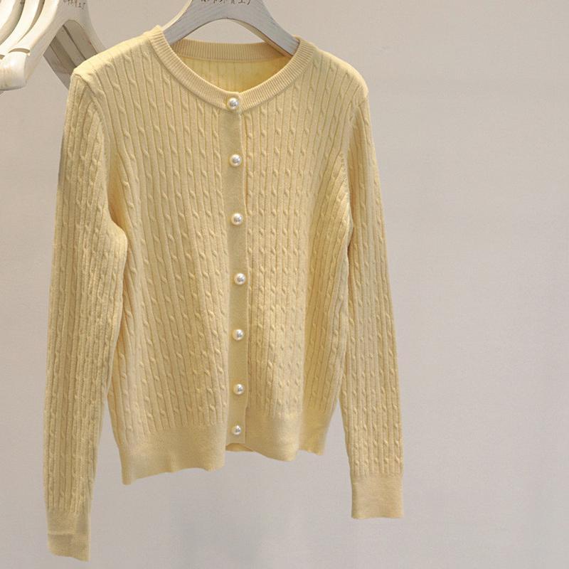 

Однотонный вязаный кардиган с косами и круглым вырезом, женский новый осенний, уменьшающий возраст, свободный топ с длинным рукавом average size жёлтый