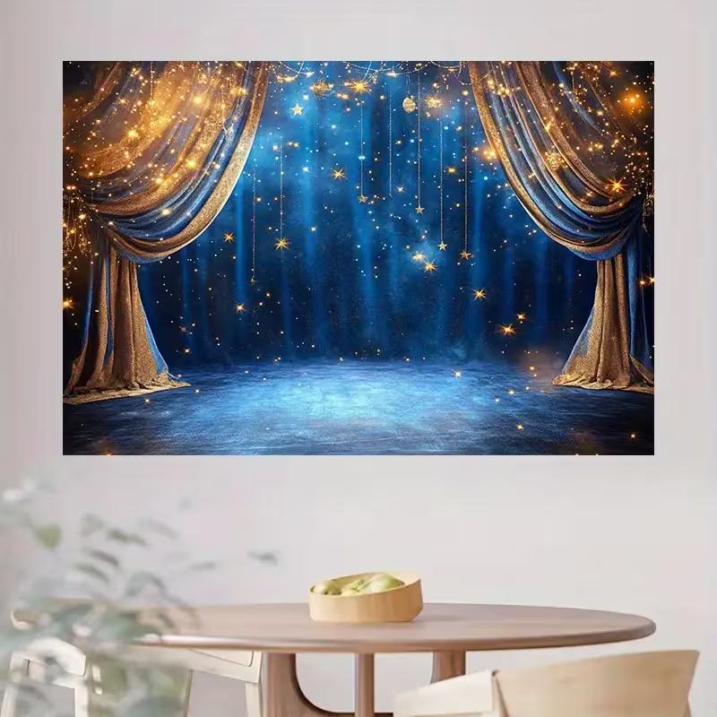 2D Blau Gold Sternenhimmel Bühnenhintergrund mit Glitzer Vorhängen Fotografie Hintergrund