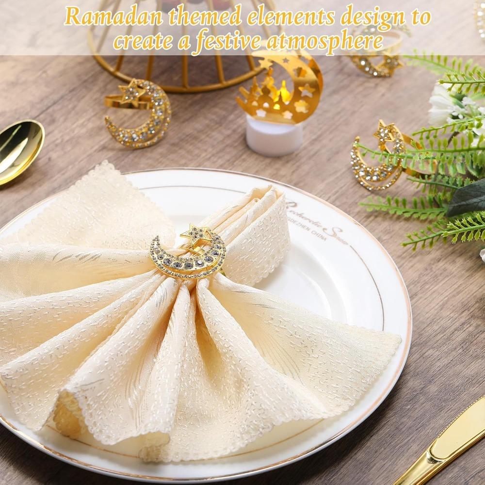 1-24PCS Elegant Metal Napkin Rings Ramadan Moon Star Design with Crystal Details for Festival Table Setting Celebration