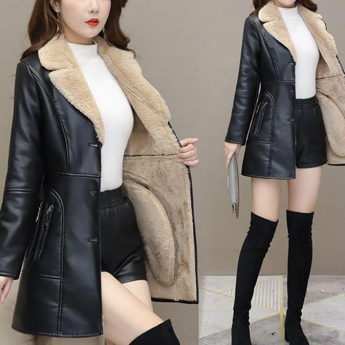 

Женская куртка средней длины из ПУ кожи - Осень/Зима 2024, Приталенный силуэт, Подкладка из вельвета для дополнительного тепла, Модный корейский стиль. M