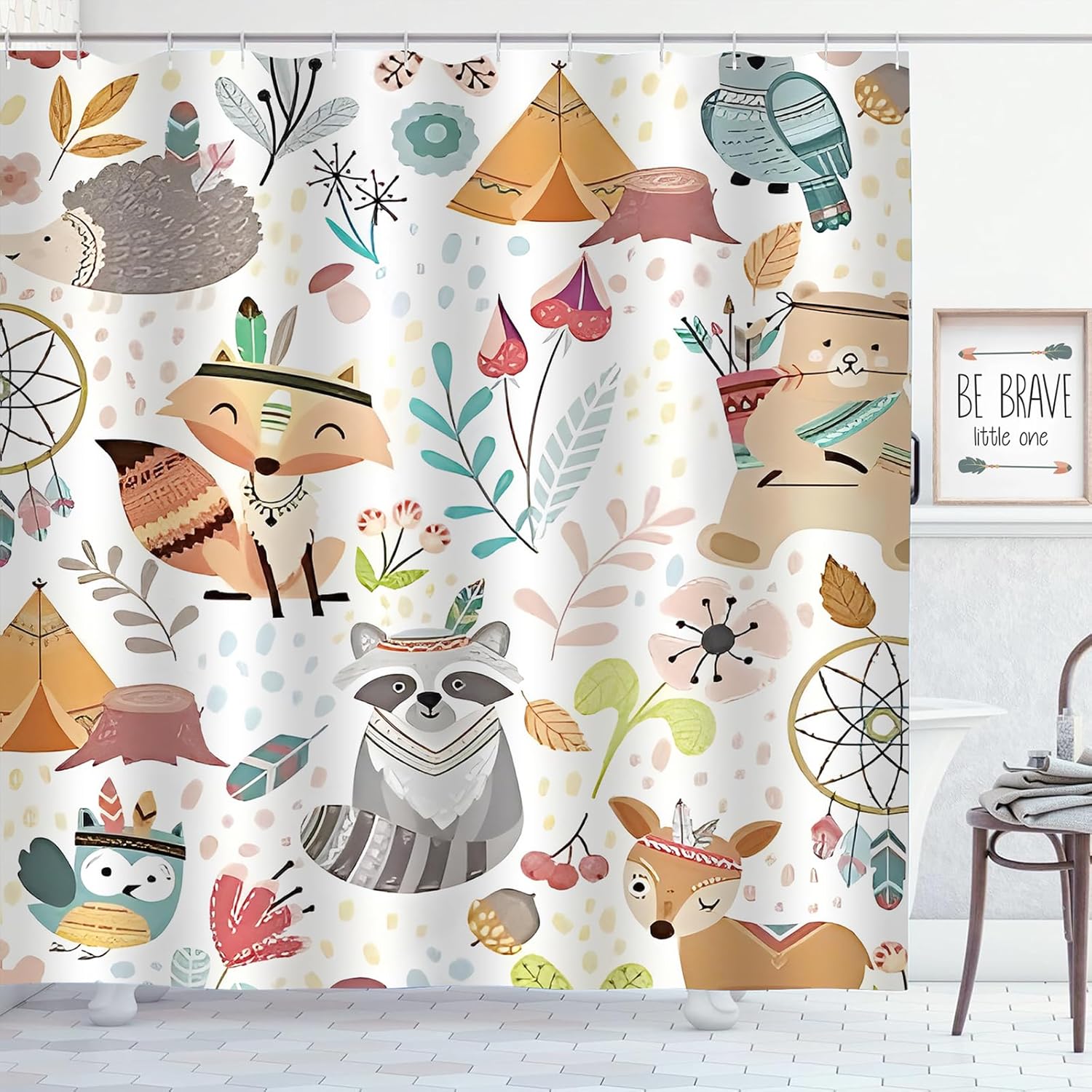 

Kids Woodland Animal Shower Curtain With Cute Fox Bear Owl Pattern, Waterproof Polyester Fabric For Children S Bathroom Decor W60H190(CM)-1 Pcs