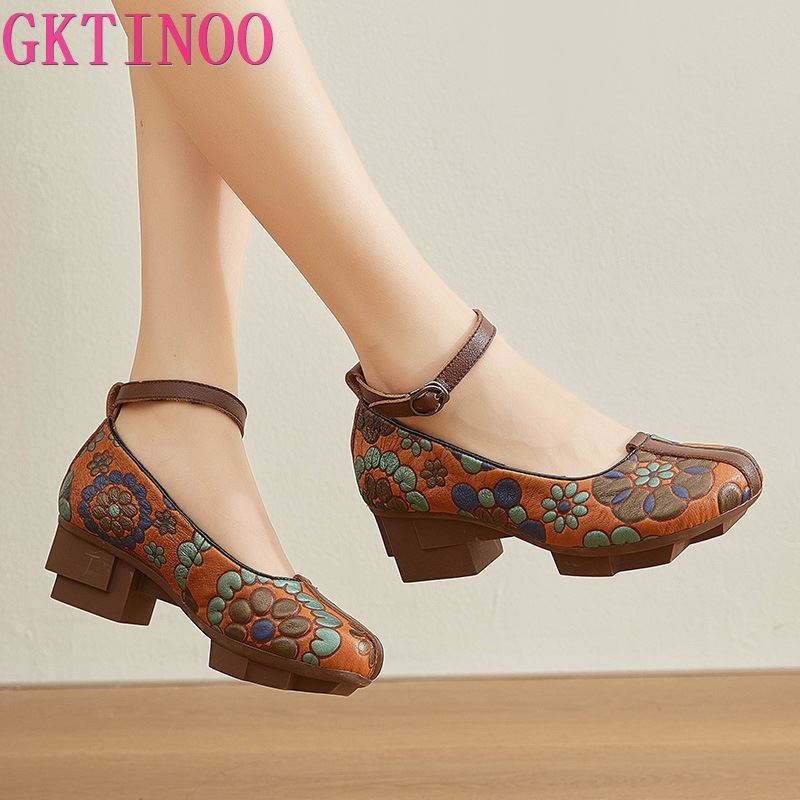Fashion GKTINOO High Heels Pumps Women Shoes 2025 New Spring Genuine Leather Buckle Strap Retro Round Toe Casual Platform Ladies Shoes