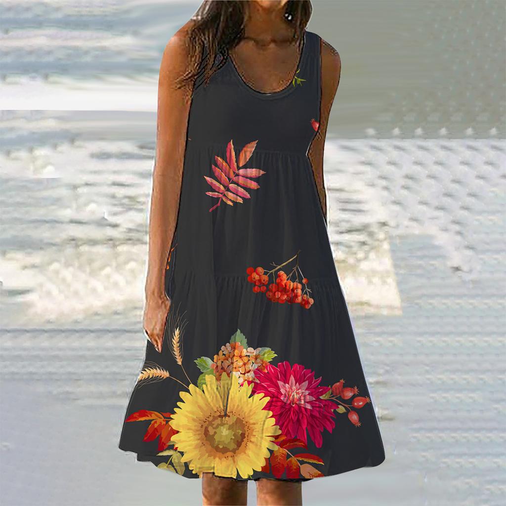 Women's Summer Floral Print Beach Dress Round Neck Sleeveless Dress