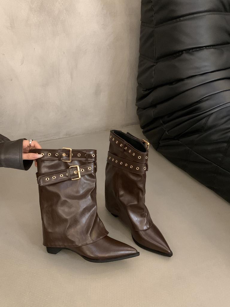 Vintage Belt Buckle Coarse Heel Pants Pile Boots Women's Autumn Pointed Mid-tube Western Cowboy Boots