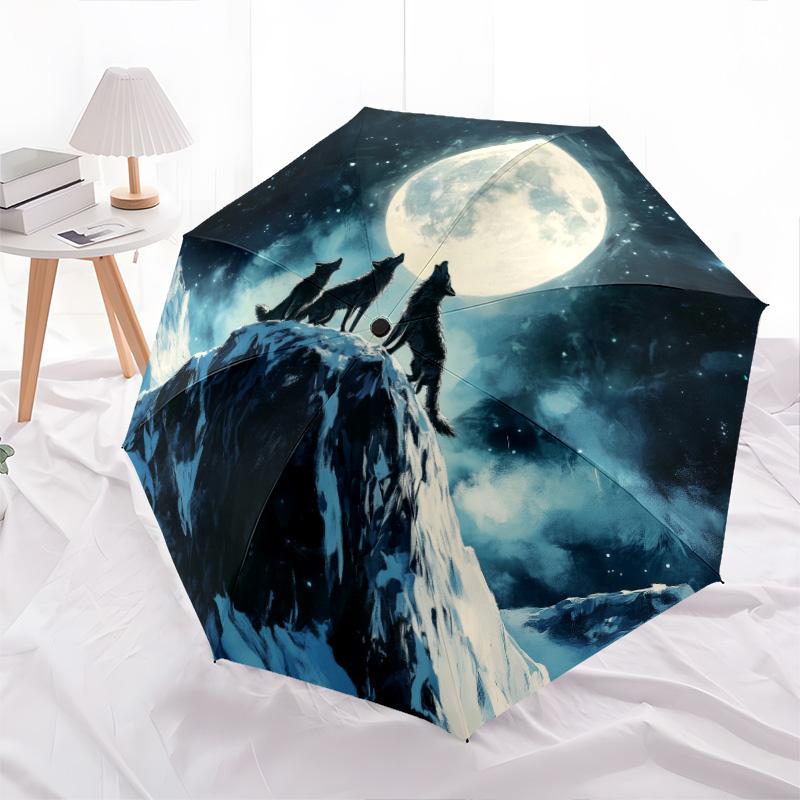 

Moonlight Wolf pattern, automatic folding umbrella, portable and foldable design, 8 ribs, a Christmas or birthday gift.