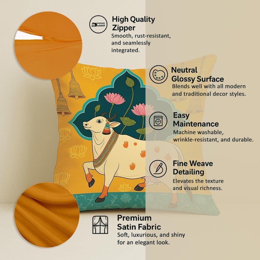 Satin Ethnic Cushion Covers Cow & Lotus Art, 16x16 Inches, Pack of 5 for Living Room & Festive Decor