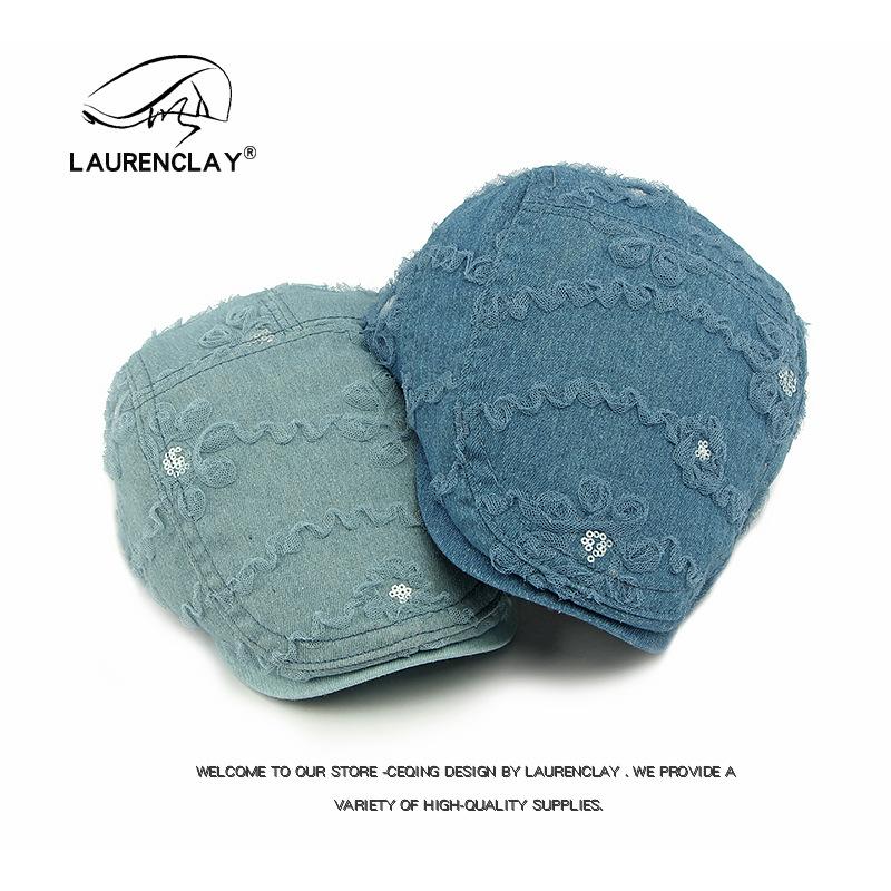 

Summer Hat Ladies Beret British Vintage Forward Hat Lace Sequins Cap Painter Hat Tide adjustable світло-синій колір