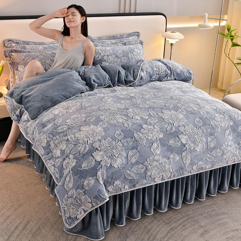 Thickened Milk Fleece Four-Piece Coral Fleece Quilt Cover, Bed Sheet Fleece Double-Sided Fleece Flannel Bedding, Bed Skirt