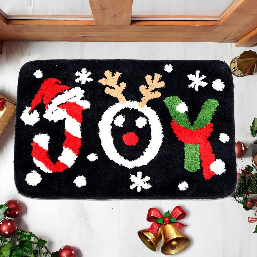 Red Christmas Print Faux Cashmere Bath Mat - Non-Slip Shower Rug & Festive Entryway Doormat