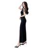 Square collar bead split evening dress dress women close waist and look thin long dress temperament light and familiar style banquet dinner wear