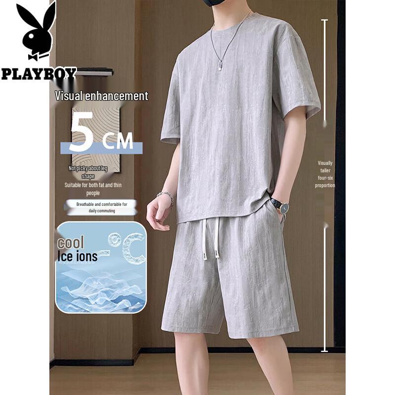 Playboy Men s Summer Jacquard Ice Silk T-shirt  Shorts Set XL