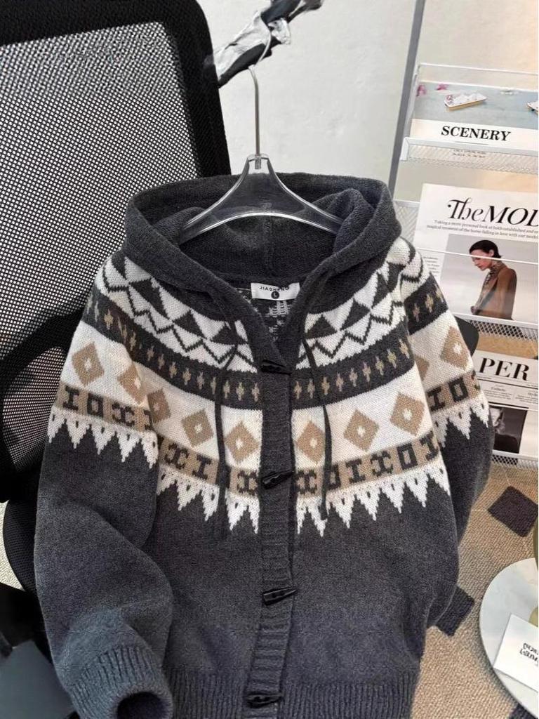 Unisex Fair Isle Horn Button Hooded Knit Cardigan Coat - Autumn/Winter Korean Style