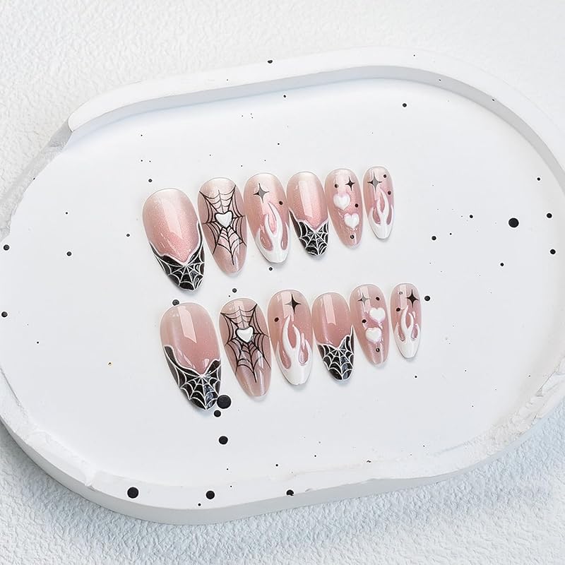 Short Almond Press on Nails Halloween Fake Nails Gothic Bat Acrylic Nail Cute Ghost False Nail with Purple Glitter Design Goth Halloween Nails Press