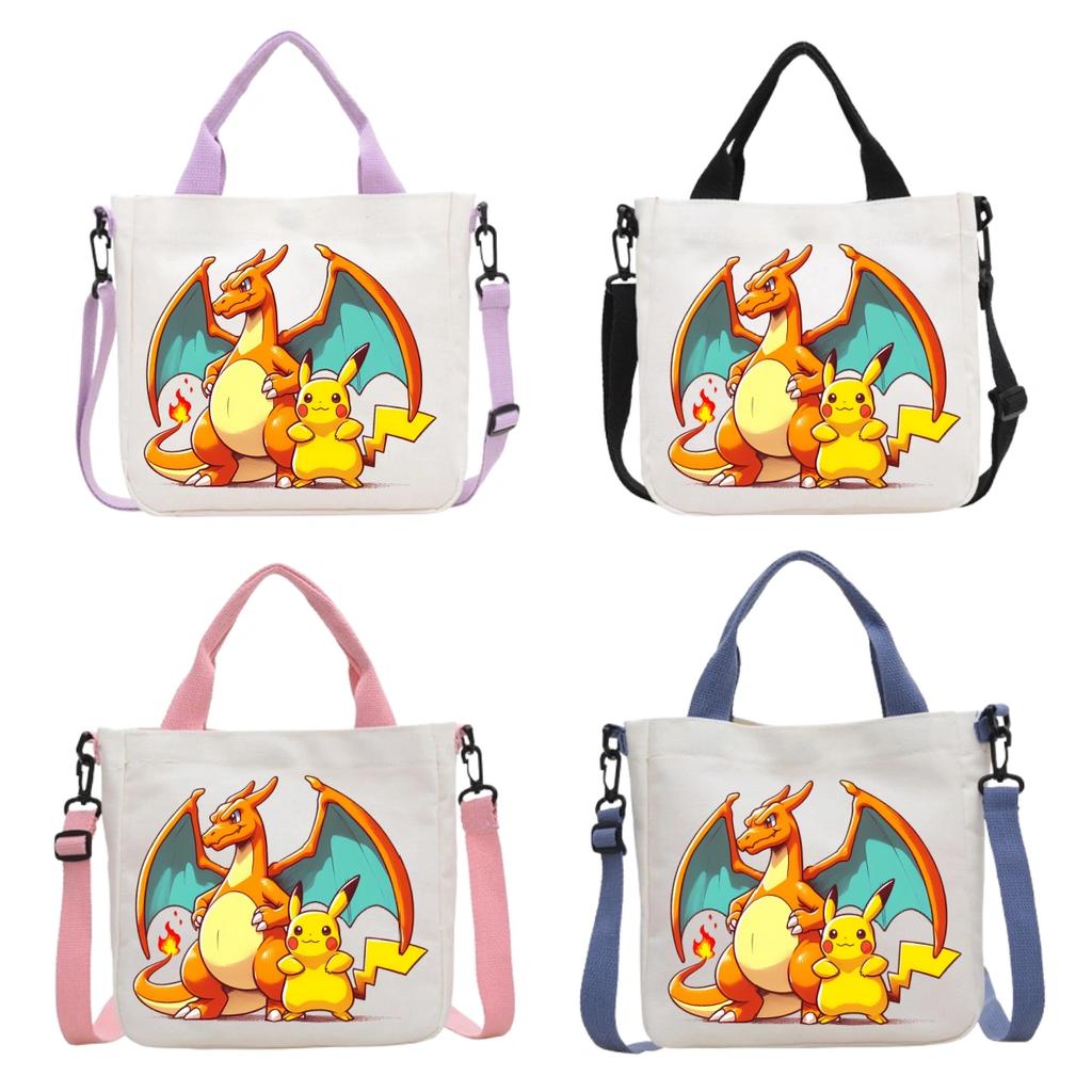 Pokemon Canvas Crossbody Bag Pikachu Cartoon Pattern Print Handbag Fashion Portable Large Capacity Travel Shopping Storage Kid Friendly Entertaining