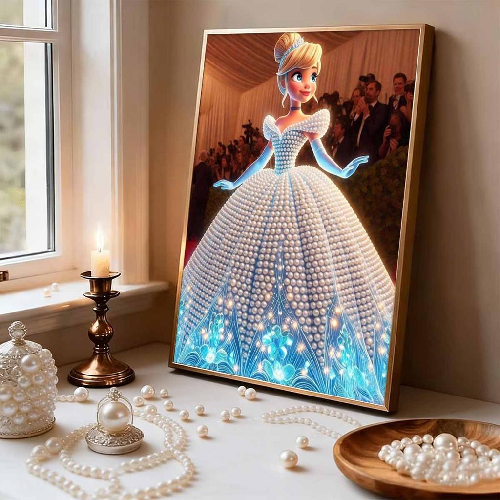 Red Carpet Gala Cinderella Pearl-Inlaid Frameless Art | Handmade Pearl Craft, Red Carpet Gala Theme, for Luxury Glam Home Decor & Gift Option