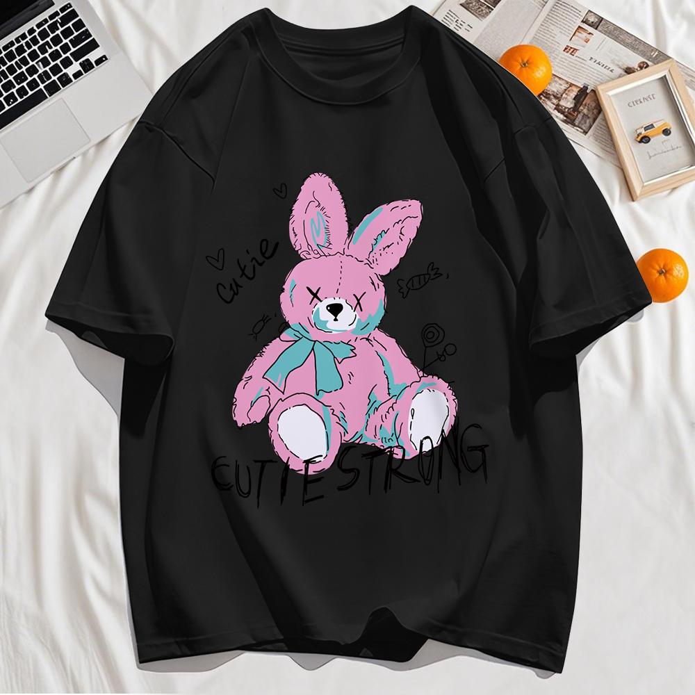 Lovely Plush Doll Rabbit Print Mens T-Shirt Cotton Short Sleeve Summer Loose Casual T Shirt Soft Clothes