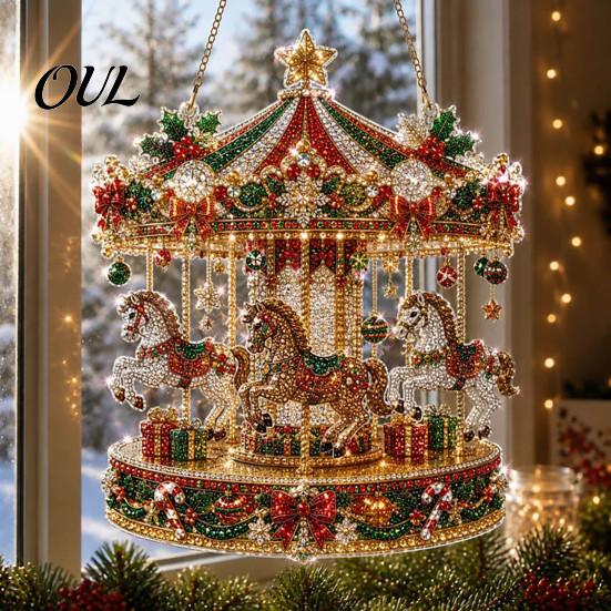 Acrylic Hanging Gift Christmas Faux Diamond Art Suncatcher, 2D Flat Window Ornament, Festive Pendant Beaded Pattern Holiday Decoration for Home, Tree