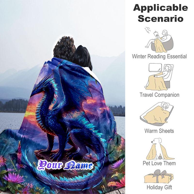 1PC Custom Name Blue Dragon Fantasy Art flannel blanket versatile, all-season throw suitable for the living room, bedroom, camping, travel, and gift