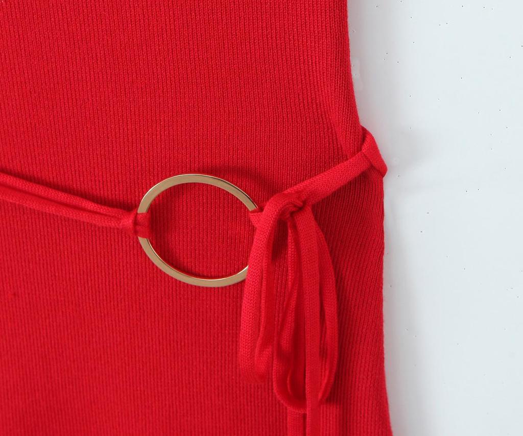 SAW American Style Red Spicy Girl Metal Strap Halter Waist-Cinching Bodycon Dress