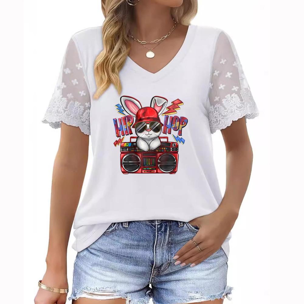 Plus Size Women's Summer V-Neck T-Shirt with Short Sleeves, Floral Print, and Lace Sleeves