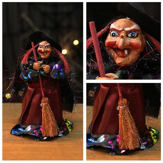 Halloween Witch Doll Decoration Spooky Witch Statue with Broomstick for Home Living Room Fireplace Mantel End Table Desktop Decor