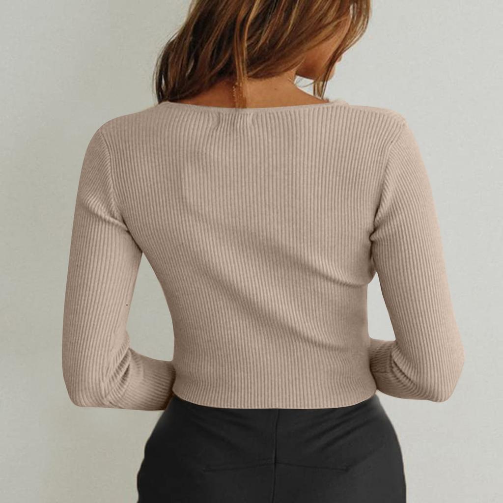 Dámské módní a sexy žebrované topy s výstřihem na hrudi a dlouhým rukávem