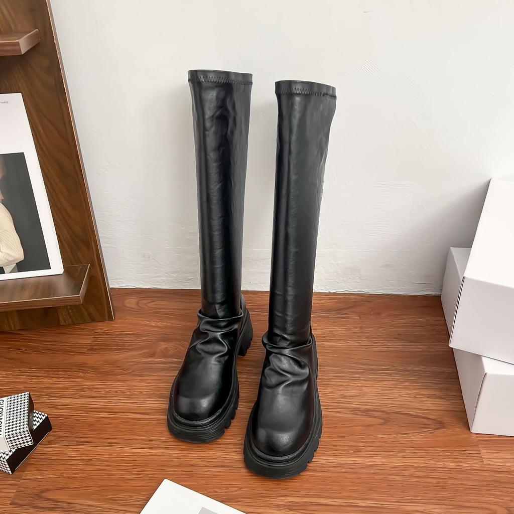 Grape Mom Boots Women's Long Boots Women's Pleated Skinny Boots Small Man Thick Bottom Increased Zipper Boots Women