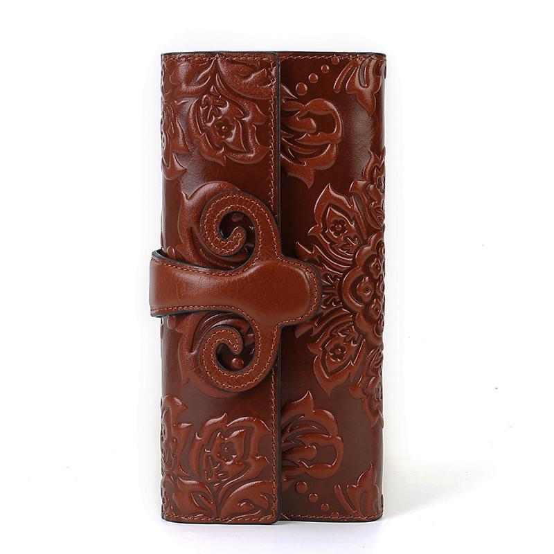 Genuine Leather Wallet, Horizontal Wallet, Multi-slot, Retro Bag, Embossed Wallet, Chinese-style Clutch