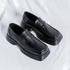 Men Square Toe Black Loafers Thick Sole PU Solid Color Mask Decoration Versatile Work Shoes Fashionable Business Men Shoes