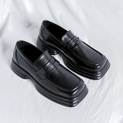 Herren Mokassins mit eckiger Zehenpartie, Schwarz, Dicke Sohle, PU, Einfarbig, Maskendekoration, Vielseitige Arbeitsschuhe, Modische Businessschuhe für Herren