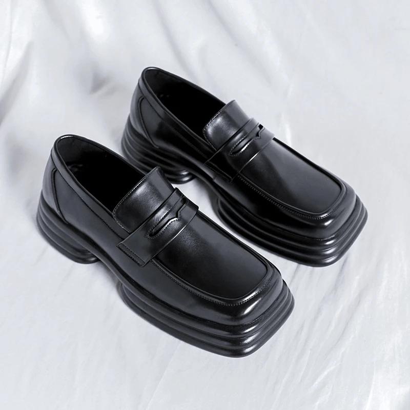 Men Square Toe Black Loafers Thick Sole PU Solid Color Mask Decoration Versatile Work Shoes Fashionable Business Men Shoes
