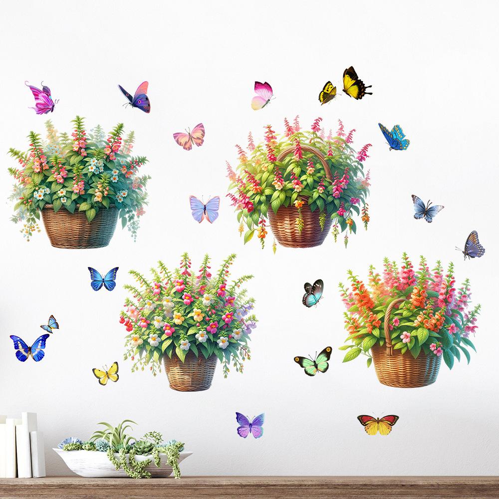 Flower Basket Butterfly Rose Peony Decals Self-adhesive Waterproof Wall Sticker