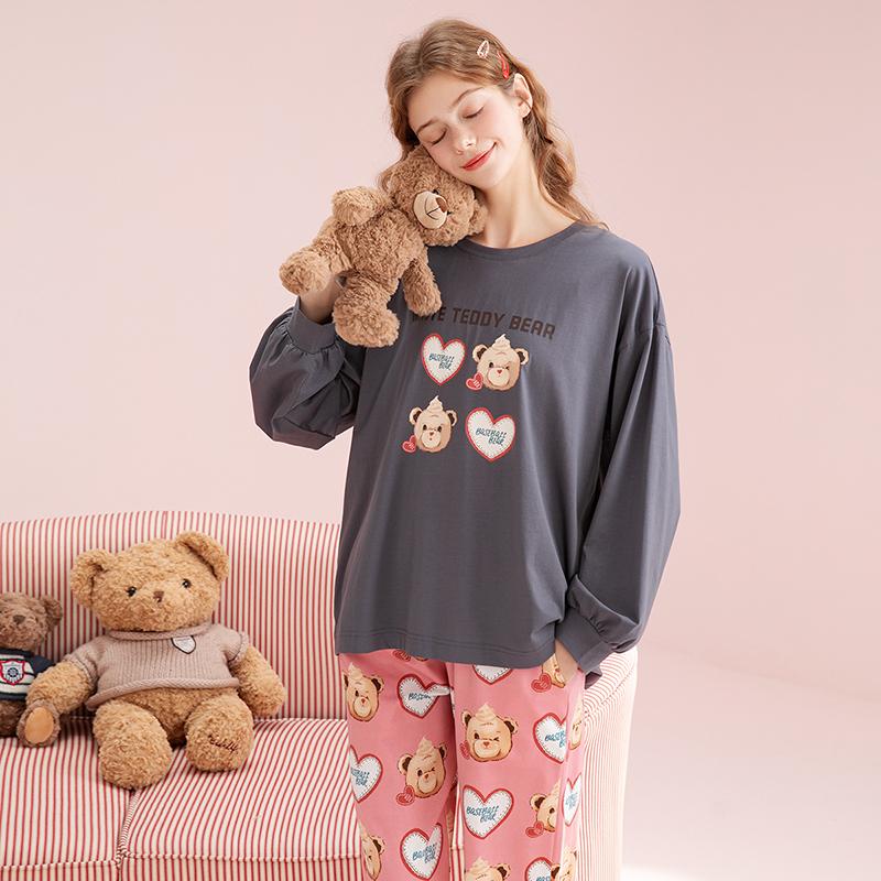 Fenteng [Xiaoxiong Tribe IP Collaboration] Spring Round Neck Pure Cotton Long-Sleeved Pajamas for Girls