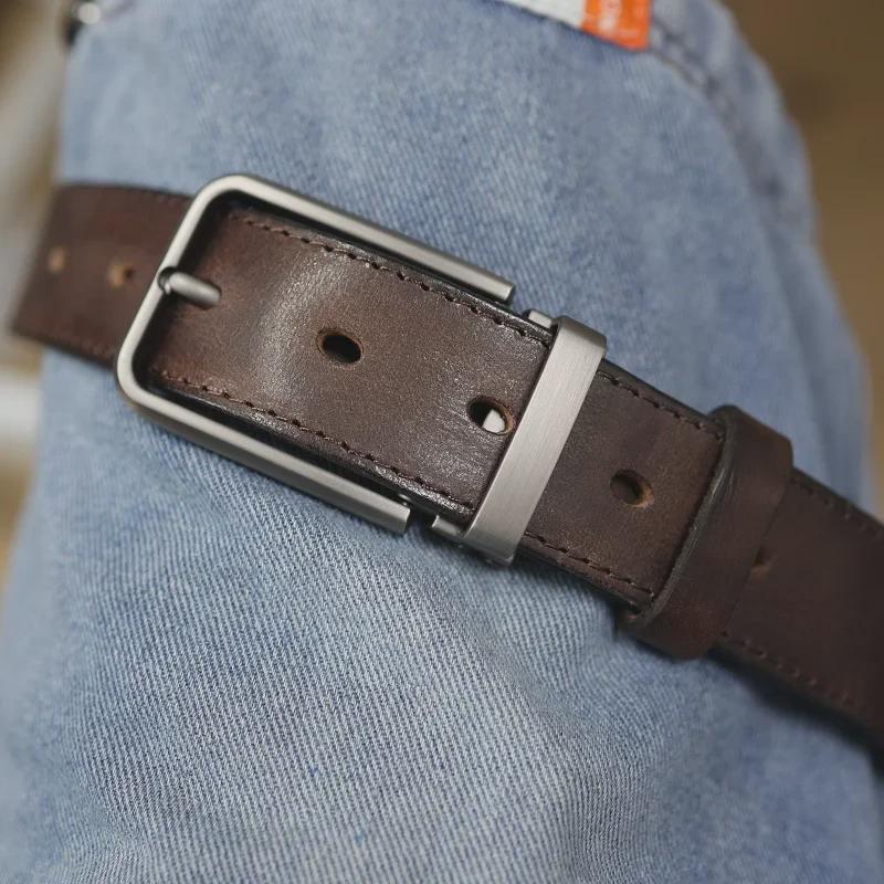 Cinto Masculino Retro de Couro de Vaca com Fivela de Pino – Cinto Casual Versátil para Jeans para Estilo Jovem e na Moda