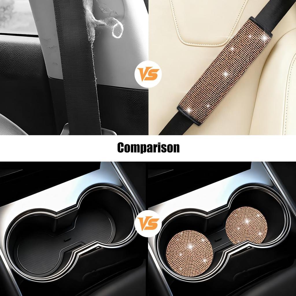 11PCS/Set Bling Car Accessories Set for Women, Rhinestone Vehicle Steering Wheel Cover Seat Belt Cushion Gear Shift Protector Cup Holder Coaster,