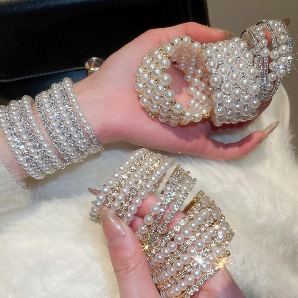 Elegant Crystal Imitation Pearl Bracelet Fashion Stretchable Pearl Cuff  Wedding