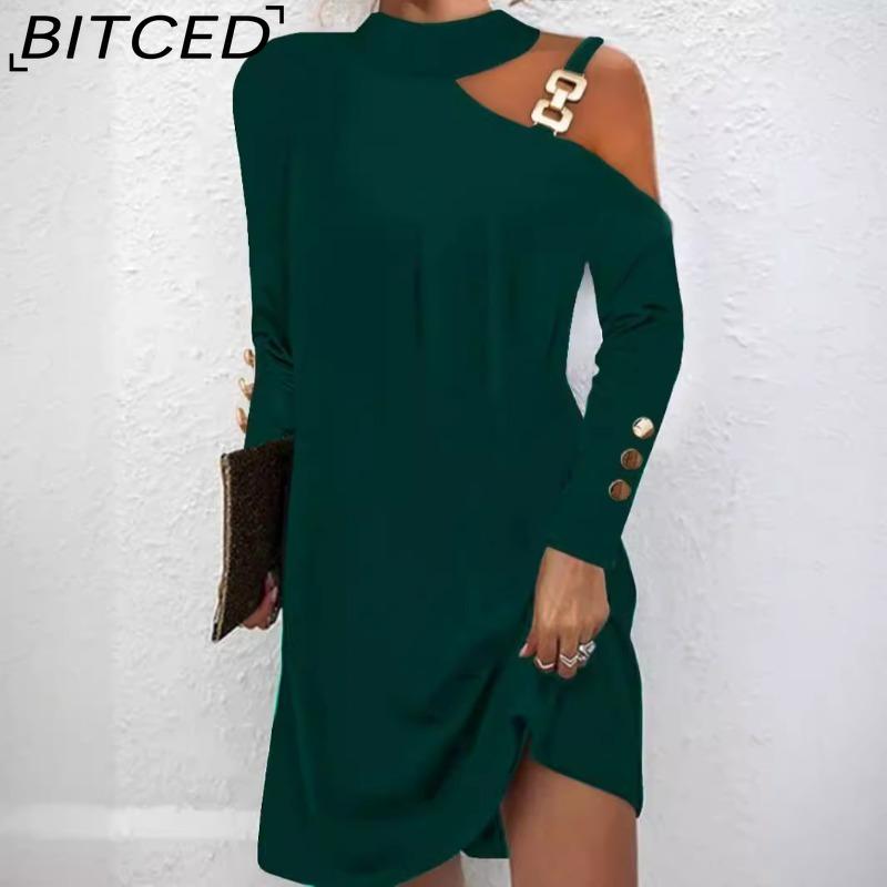 BITCED Women's Fashion Spring Autumn Solid Color Print Long Sleeve High Waist Casual Dresses