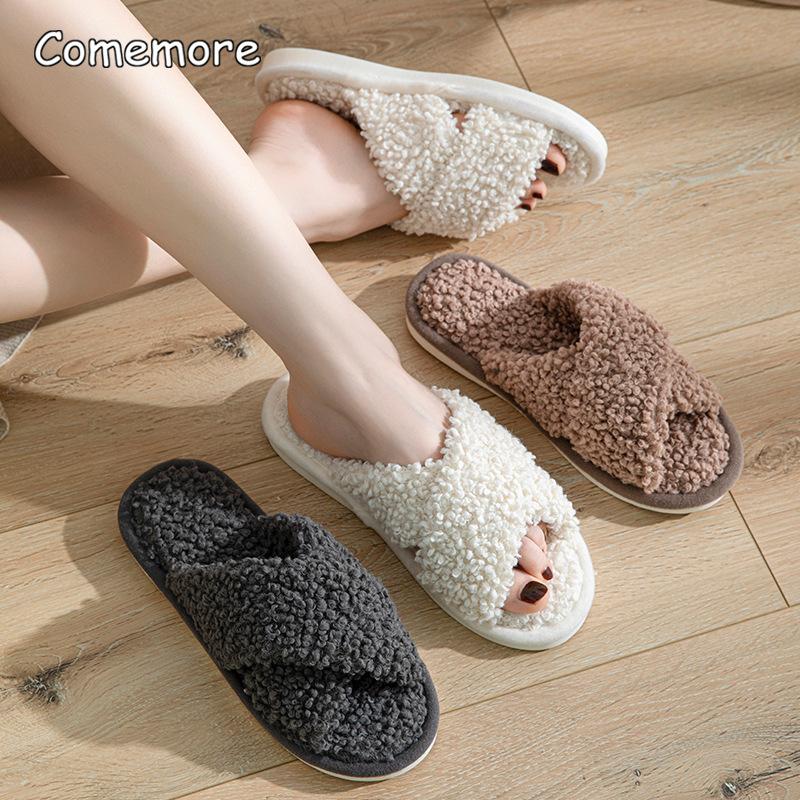 Fashion Fashion Cross Strap Fuzzy Slippers Women Indoor House Non Slip Warm Plush Woman Slippers Winter Comfort Soft Sole Cotton Slides