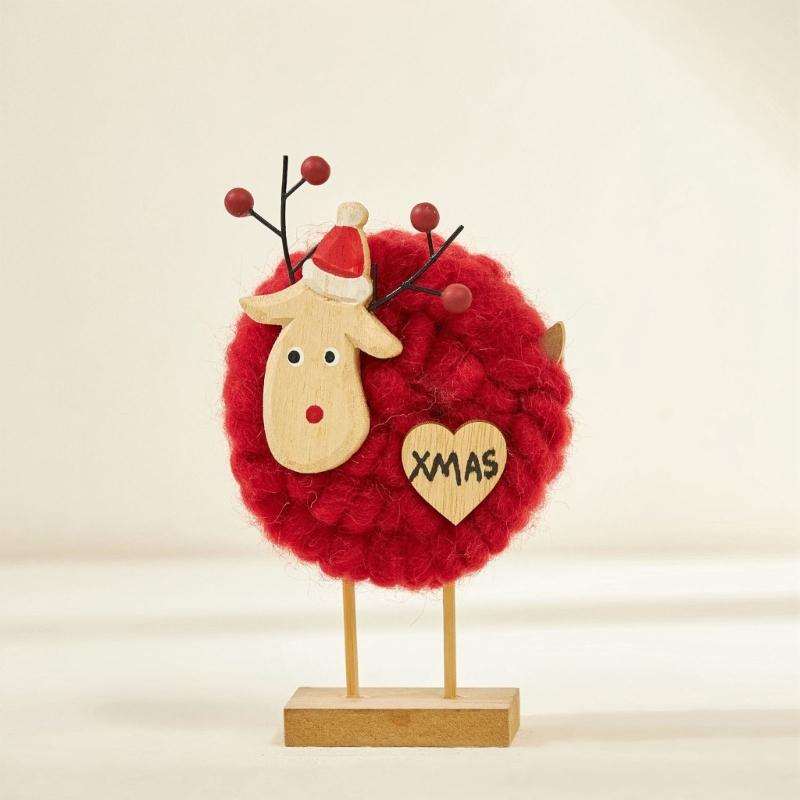 Soft Felt Cloth Santa Clause Reindeer Ornament with Wood Base Plush Wool Felt Christmas Figure Decoration For Tabletop