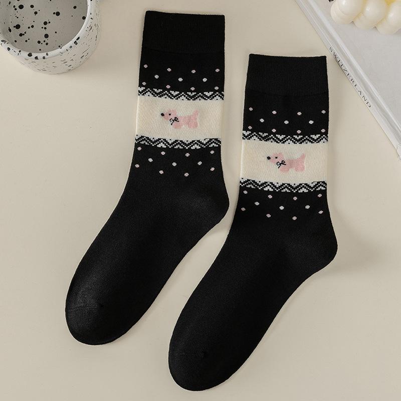 

Ретро бесшовные шерстяные носки для женщин, носки до середины икры для тепла осенью и зимой, мультяшные махровые носки для женщин 1 pair чёрный