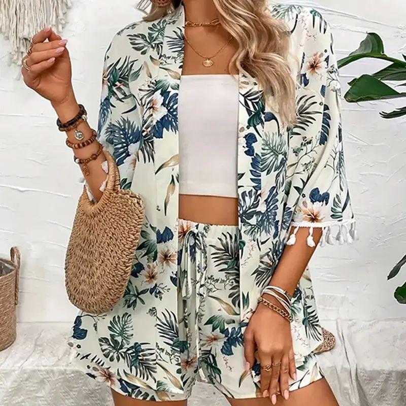 Printed Loose Fringe Beach Pants Set Print Loose-Fitting Tassel Beach Pants Suit