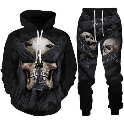 Jarná jeseň lebka 3D tlačená pánska mikina/nohavice 2ks set Unisex Streetwear Oblek s kapucňou na zips Muž Neformálne sako Tepláky