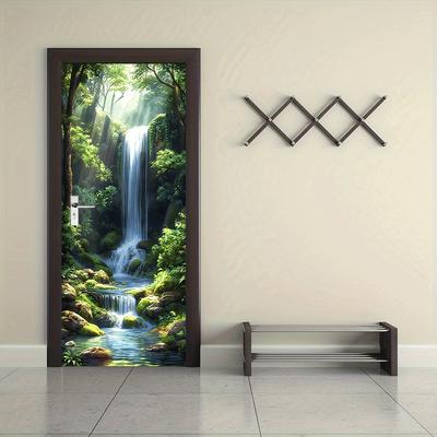 2pcs Natural Forest Waterfall Wall Stickers Living Room Entrance Decoration Stickers Self Adhesive Waterproof Removable Green Pl