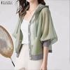 Women Casual See-Through Loose 3/4 Sleeve Hoodies Cover Up Blouse