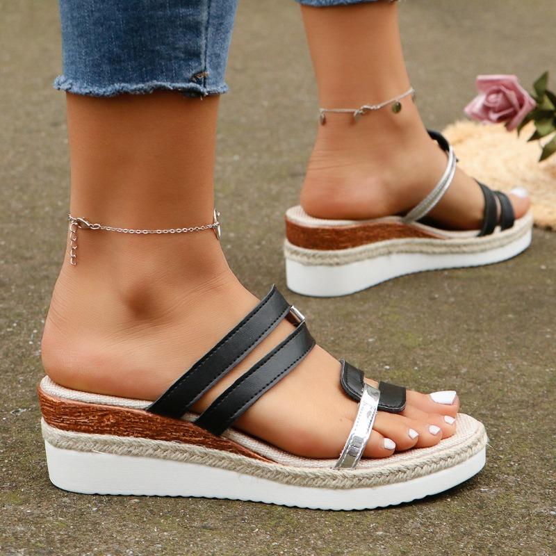 New Style Summer Casual Color Blocking Sandals for Women Dressy Comfortable Soft Leather  Thick Soled Slope Woven Straw Sandals