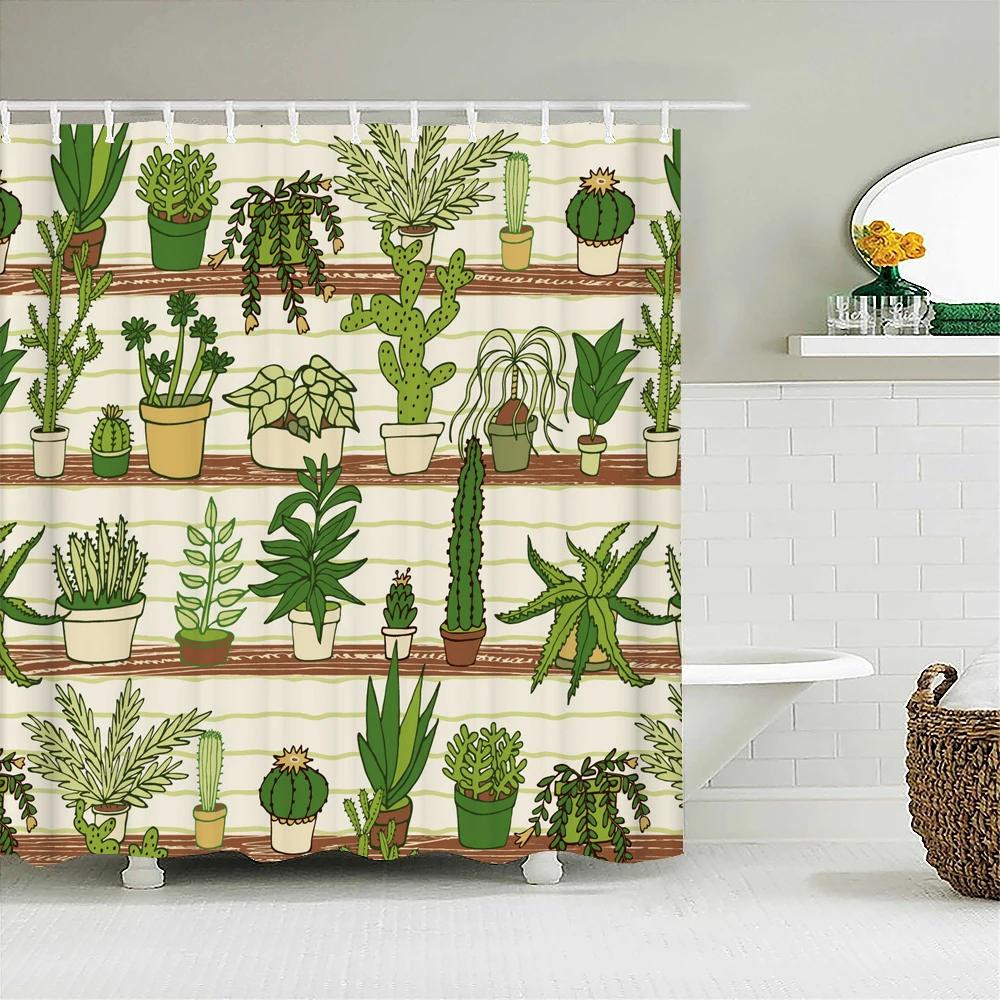 Cactus Shower Curtains Waterproof Polyester Fabric Shower Curtains Tropical Plants Bathroom Screen Curtain Home Decor 180X180cm