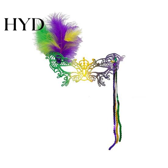 Lace And Bead Masque Masquerade Carnival for Women Mardi Gras Purple Green Yellow Feathered Feather Prom Ball Wedding Halloween Party Favors Vibrant