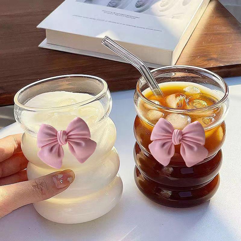 1PCS, Girls Bow Tie High Value Coffee Glass Cups Ins Wind Milk Tea Cups Cute Wind Girly Heart Household Drink Cold Drinks