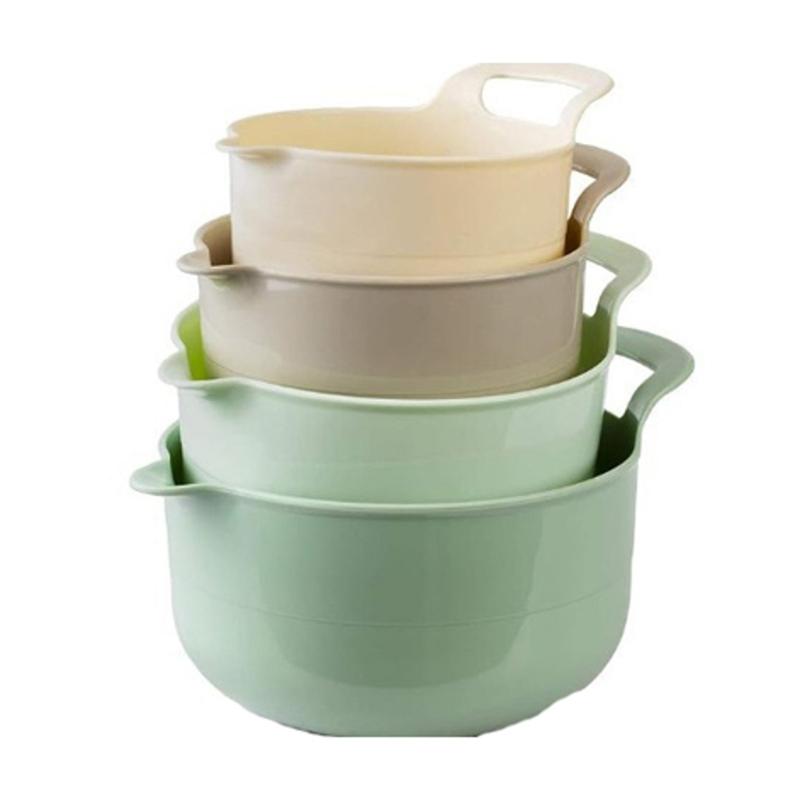 Plastic Mixing Bowl Collection, 4 Piece Salad and Batter Bowls with Hand Holds, Pour Lip, and Cupboard Storage